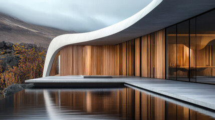 Obraz premium Modern architectural design featuring curved lines and natural surroundings in Iceland