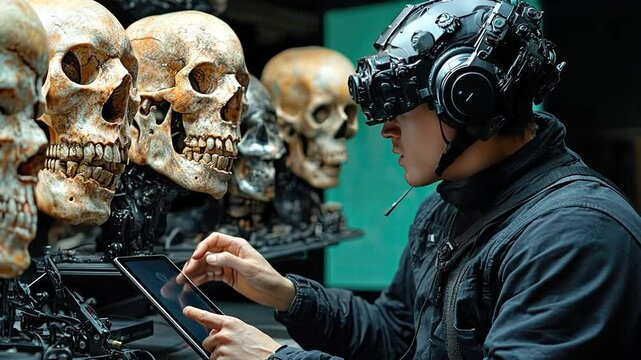 Cyberpunk Skull Tech: A futuristic scene of a person wearing a VR headset and tactical gear, interacting with a digital tablet in front of a row of human skulls. The image evokes a sense of mystery.