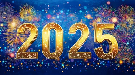 Golden 2025 Numerals with Vibrant Fireworks Against a Deep Blue Background © Akhlaq