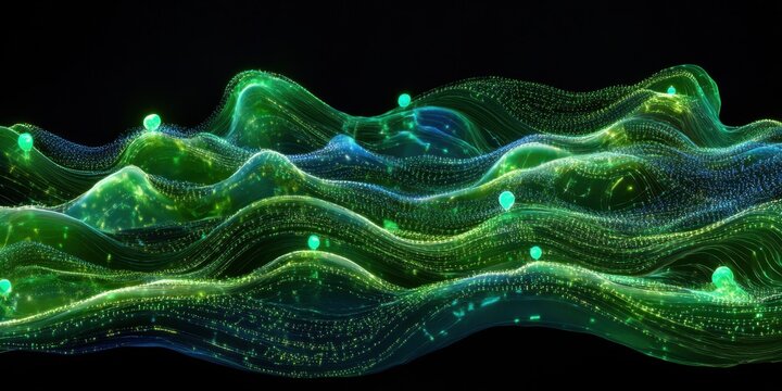Futuristic neural connectivity map, bioluminescent green and electric blue nodes, organic curved lines, soft computational texture, advanced neuroscience aesthetic, dreamy technological landscape