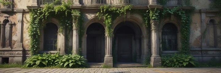 Fototapeta premium Overgrown entrance of an ancient building with vines and creepers , tree roots, tangled vines