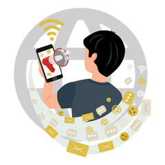 Influence marketing. Vector illustration of a man  holding a mobile phone in his hand. An advertisement is broadcast over the phone from a megaphone. Distribution of advertisements via the Internet .