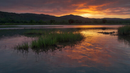 Obraz premium creative depiction of a serene summer lake with colorful patterns and textures featuring artistic textures and modern aesthetics