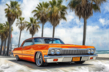 A vibrant orange classic car parked along a palm-lined beach promenade.