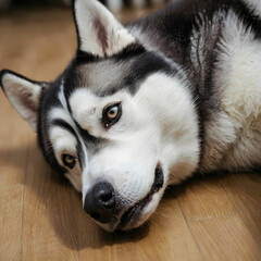 Fototapeta premium Closeup shot of a husky lying on the floor