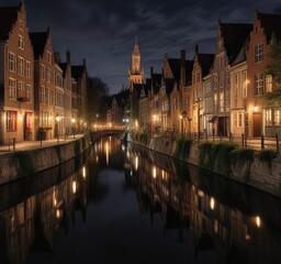 Fototapeta premium Panoramic long exposure of Bruges canals at night, panoramic shot, Bruges canals