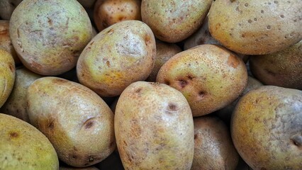 Close up of potato vegetables in group. Fresh potato stall in fresh market. 