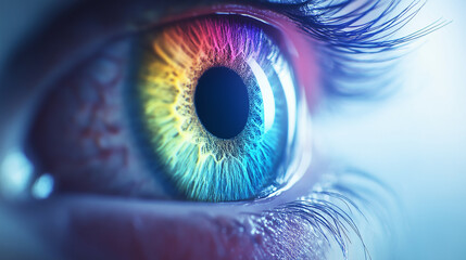 Colorful human eye, close up. Concept of vision, imagination, and creativity.