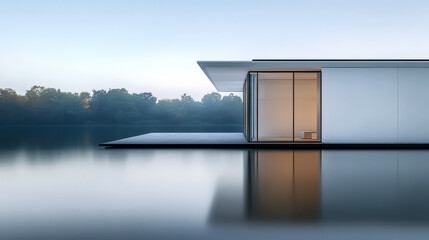 Fototapeta premium Modern lakeside architecture with minimalist design at dawn