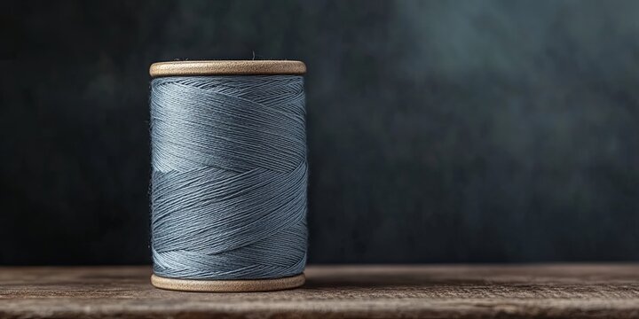 Close Up of a Grey Thread Spool on a Wooden Surface