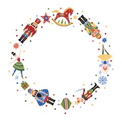 Obraz premium Christmas wreath with cute motifs from the ballet Nutcracker. Vector template. Retro design.