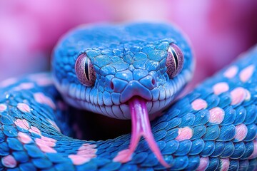 Close-up of a vibrant blue snake with pink tongue and scales