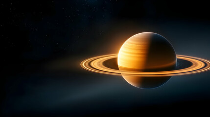 3D rendering of the planet Saturn with its ring system. The rings and the planet itself have a golden yellow color, which is illuminated by sunlight. In front, there's a glowing halo around Saturn. Th