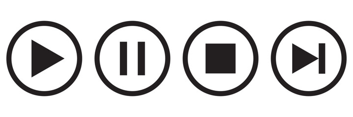 Play, pause, previous, next track, replay and stop buttons. Play button set.