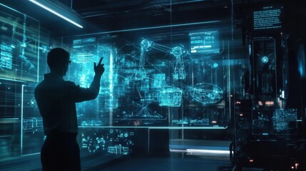 Futuristic Technologist Interacting with Holographic Data Displays in Advanced Control Room