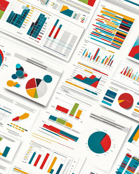 Colorful data visualizations and charts showcasing various statistics and trends