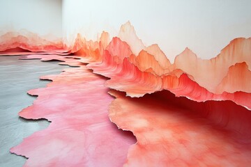 An abstract installation featuring layered, colorful paper resembling a mountainous landscape.