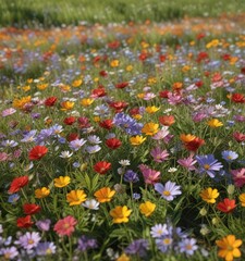 A blanket of colorful wildflowers blankets the meadow, lavender, landscape