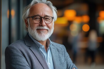 Smiling senior businessman with crossed arms and glasses posing in modern office