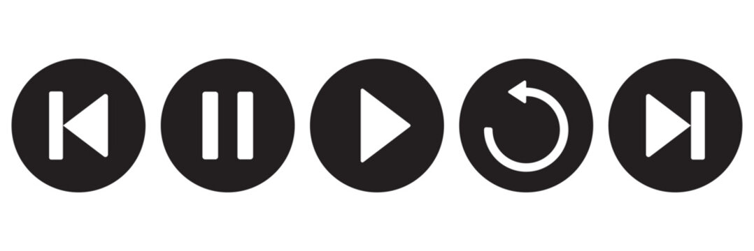 Play, pause, previous, next track, replay and stop buttons. Play button set.
