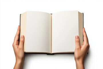 Person holding an opened book with blank pages. Two hands holding a blank magazine or catalog with...