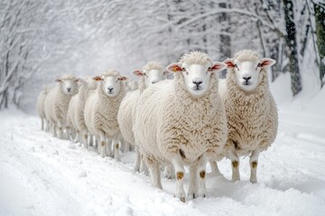 Sheep standing in snow during winter