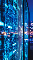 Urban nighttime view of glowing digital screens illuminating the cityscape