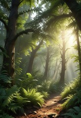 Naklejka premium forest floor covered in leaves and ferns under a canopy of sunlight, sunlight, forest path