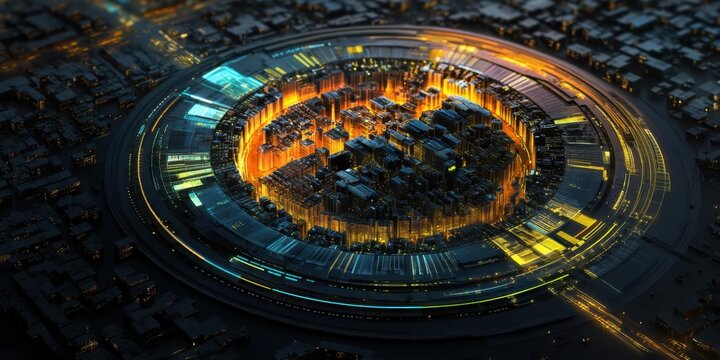 Urban innovation analytics, architectural circular chart, metallic and neon accent colors, city planning digital interface