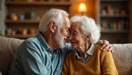 Elderly couple sitting together in a cozy room,  kiss on forehead, the joy of retirement
