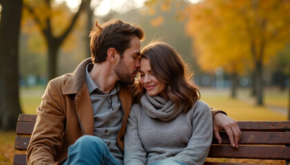 Fototapeta premium Couple in love sitting on a bench, enjoying autumn, in a park with colorful trees, kiss on forehead, love story