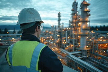 Engineer watching refinery plant at dusk: industrial expertise and safety