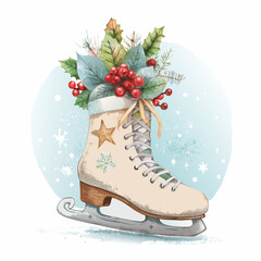 Watercolor hand drawn christmas decorated ice skate vector illustration (2)