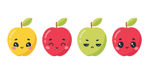 Set of cute kawaii apples. Vector illustration on white background.