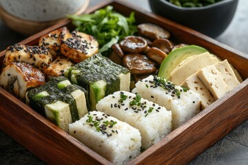 Vegan bento box presenting rice, tofu, avocado, mushrooms and sesame seeds