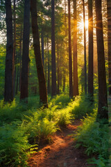 Fototapeta premium dynamic composition of a forest at sunrise with creative geometric overlays capturing the beauty of nature in abstract forms