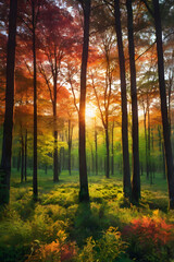 Fototapeta premium dynamic composition of a forest at sunrise with creative geometric overlays for digital art projects