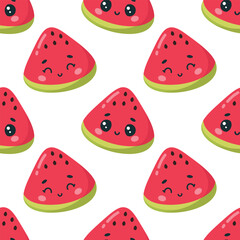 Vector seamless pattern with cute watermelon slices on white background.