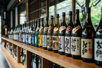 Bottles of sake resting on wooden shelves in traditional japanese restaurant