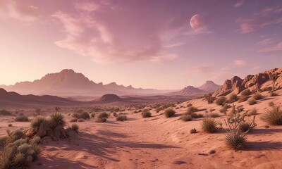 Naklejka premium Soft pink and peach tones illuminate the desert landscape as day gives way to night , landscape, desert, sunset