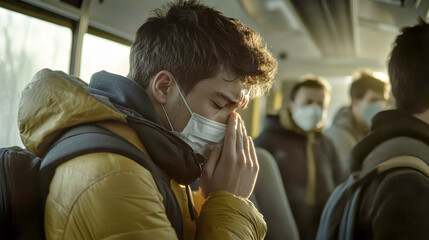 Young man sneezes on a crowded bus during spring travel, revealing the tensions of illness surrounded by masked travelers