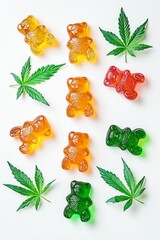 Colorful cbd gummy bears with cannabis leaf imprints isolated on white background