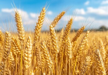 Fototapeta premium Golden Wheat Field under Blue Sky: A Close-Up View of Wheat Ears Ripening in the Warm Sunlight, Capturing the Essence of Agriculture and Nature's Bounty in Early Summer