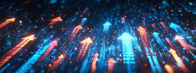 Fototapeta premium A blue background with arrows pointing upwards, representing stock market growth or business success in the financial industry graph show upward trends, symbolizing positive progress,