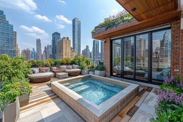 Modern rooftop terrace with hot tub overlooking manhattan skyline