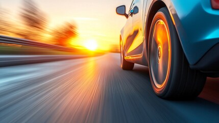 Car speeding on a road during a vibrant sunset.
