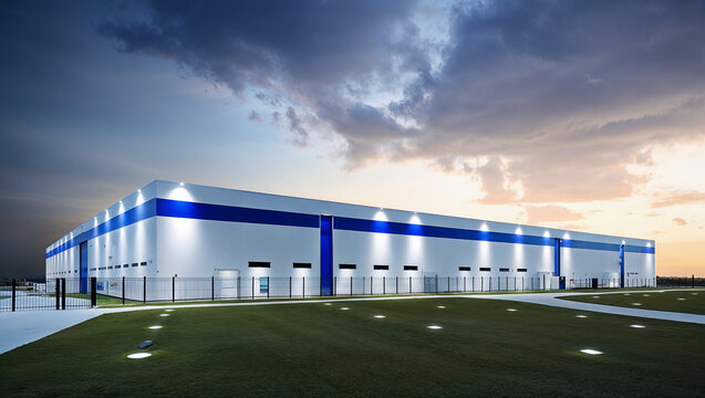 Modern distribution warehouse exterior at dusk with dramatic sky