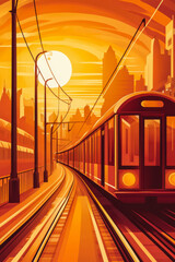 Sunset over the city as a train moves along the tracks