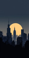 Fototapeta premium Silhouette skyline at sunset with iconic buildings and a large sun in the background