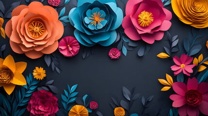 un fondo azul marino liso con flores hechas de papel de colores vibrantes fondo creativo artistico con espacio de copia